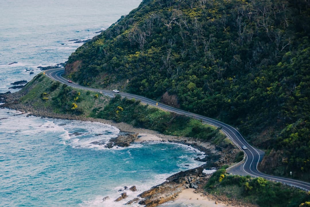 Couple enjoying a scenic coastal view from their white SUV rental car on an Australian road trip.
