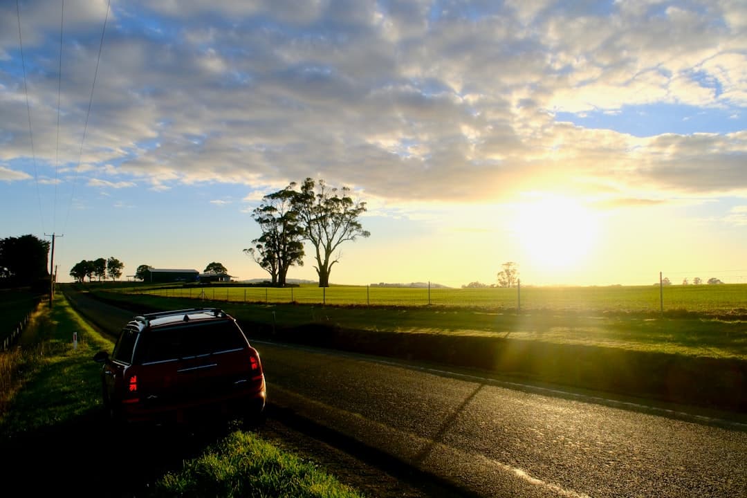 White SUV driving on a scenic coastal road in Australia during summer, with golden beaches and clear blue ocean.